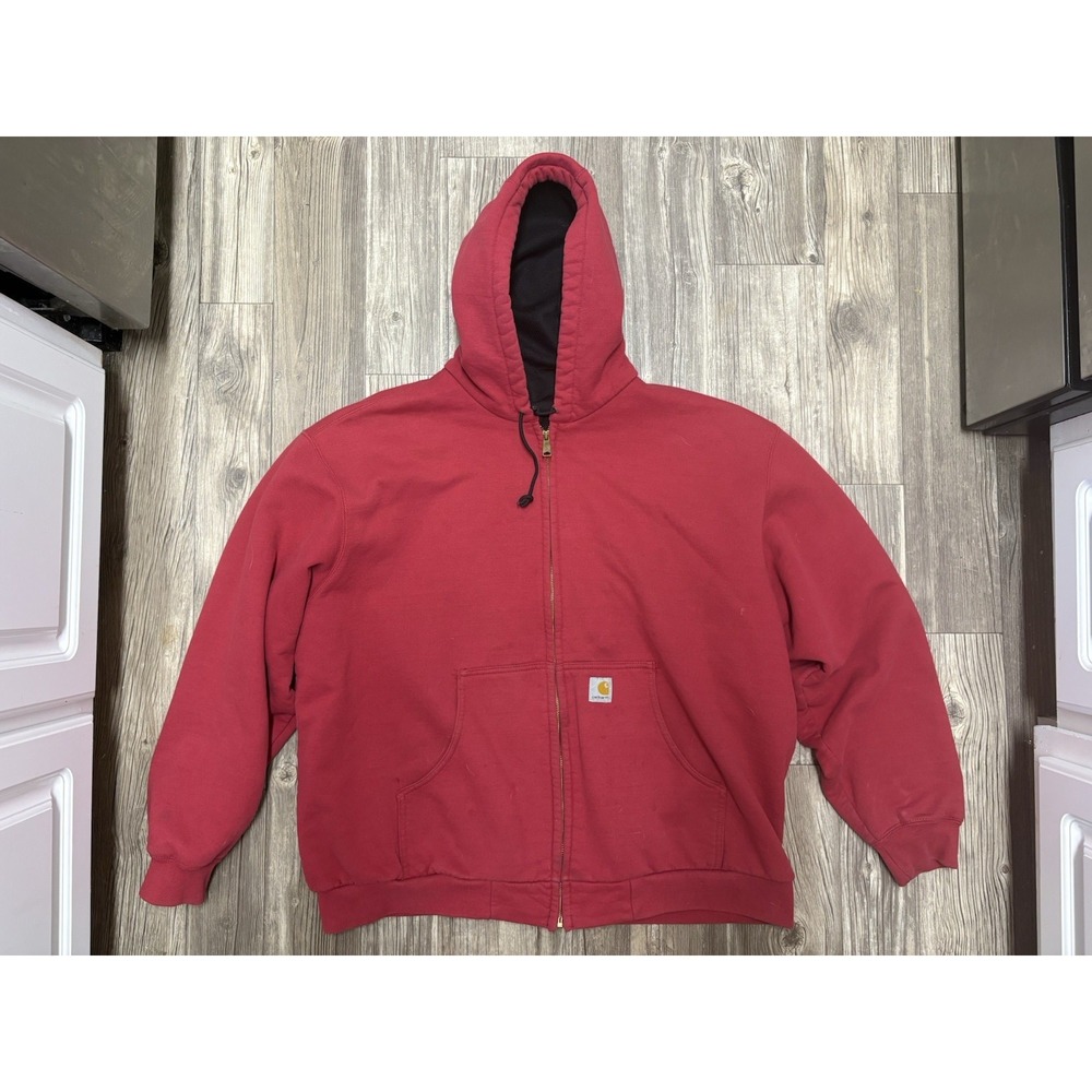 Vintage Y2K Carhartt Thermal Lined Hooded Zip-Front Red Sweatshirt Size 2XL